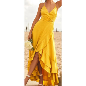 LULU'S  M In Love Forever Mustard Yellow Satin Lace-Up High-Low Maxi Dress B117